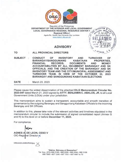 Conduct of Inventory and Turnover of Barangay/Sangguniang .